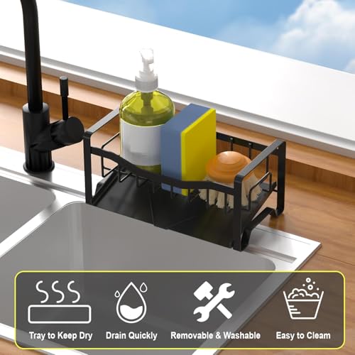 Stainless Steel Kitchen Sink Caddy Organizer with Auto Drain Tray, Sponge Holder for Countertop Storage - color: Mattle Black