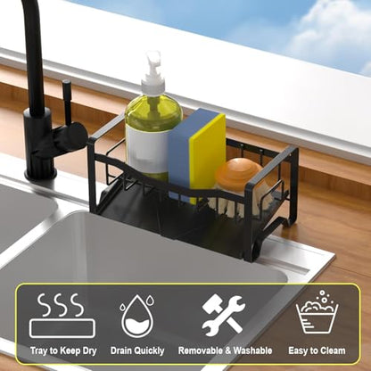 Stainless Steel Kitchen Sink Caddy Organizer with Auto Drain Tray, Sponge Holder for Countertop Storage - color: Mattle Black