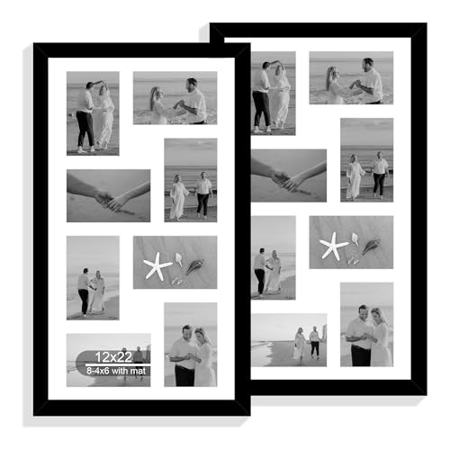 Hongkee 12x22 Picture Frame Set of 2, Black with Glass Collage Frame, Display Eight Opening 4x6 Photos With Mat or 12 x 22 Newspaper Without Mat - Horizontal or Vertical Wall Mounting - color: Black, size: 12x22 in matted to 8-4x6