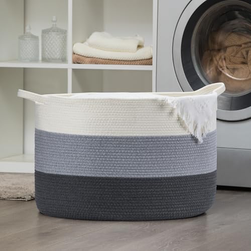 XXXLarge Woven Cotton Rope Basket (21.7" x 13.8") 90L – Blanket Basket for Living Room, Laundry Hamper, Baby Laundry Hamper, Toy Storage, Pillows & Cushions Organizer (White & Blue) - color: White & Blue