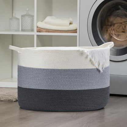XXXLarge Woven Cotton Rope Basket (21.7" x 13.8") 90L – Blanket Basket for Living Room, Laundry Hamper, Baby Laundry Hamper, Toy Storage, Pillows & Cushions Organizer (White & Blue) - color: White & Blue