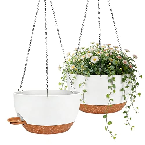 12 Inch Self Watering Hanging Planters 2 Pack, White Brown | Plastic planters with drainage holes and saucers. Suitable for indoor, outdoor, kitchen, balcony and garden plant decor. - color: White Brown