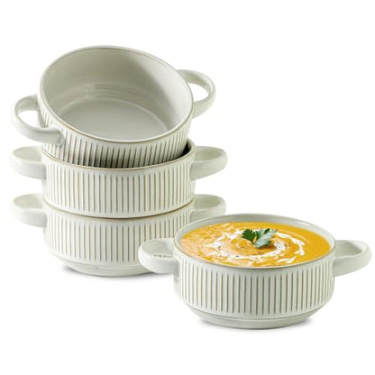 Soup Bowls with Handles, 23 oz French Onion Soup Crocks, Stackable Soup Bowl Oven Safe for Chili, Beef Stew, Embossment Ceramic Bowl Set - 5.4 Inch, Set of 4,Blue - color: White