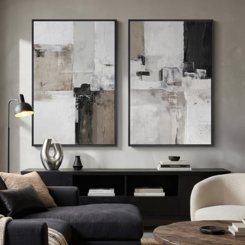 Framed Abstract Black and White Brown Wall Art for Living Room, Set of 2 Large Modern Prints Canvas Artwork for Walls, Minimalist Paintings Pictures Abstract Wall Decor for Bedroom Hallway, 24x36 Inch - color: Gray and Black