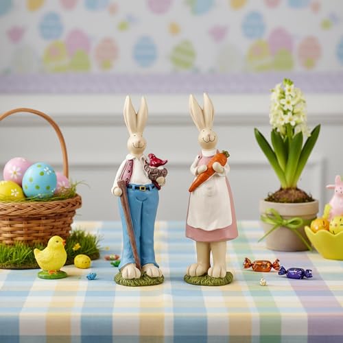 Easter Bunny Figurines Set of 2, Resin Rabbit Decor, 9.06 Inch | Resin Easter bunny decor with bird nest and carrot details for tables, shelves and spring gifts; a charming 2-piece set