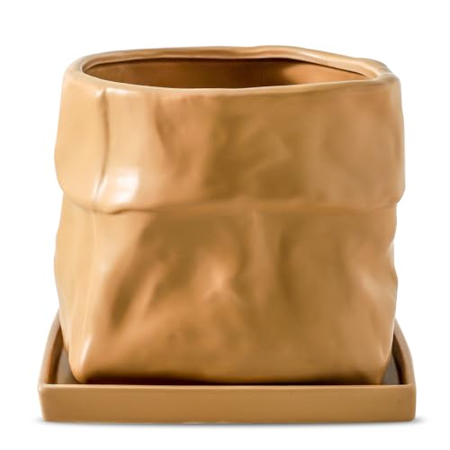 Nihow 8 Inch Ceramic Plant Pot with Drainage & Square Saucer,Terracotta | Bag Shape Design,Indoor & Outdoor,Living room/Office/Bedroom/Windowsill/Tabletop,Plant Lovers/Gardeners/Beginners - color: Terracota, size: 8 Inch