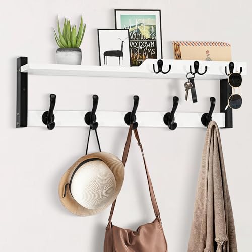 dreampossible 4 in 1 Coat Rack Wall Mount with Shelf, Coat Hooks 25.2" Entryway Coat Hanger with Key Hooks and Mail Holder, Wall Hooks with Shelf, Hat Rack for Wall Key Holder Mail Organizer - color: White, size: 25.2 Inch Long