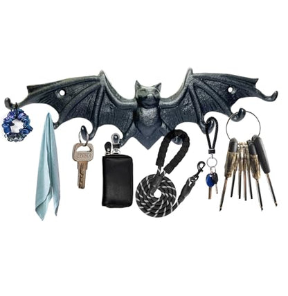 Bat Key Hooks Gothic Bat Key Holder Casting Iron Wall Mount Key Rack | Rustic Decorative Hooks for Hanging Keys Bag Purse Towel Umbrella Dog Leash Hooks, 9.65 x 2.56in Bat Key Rack with 8 Hooks