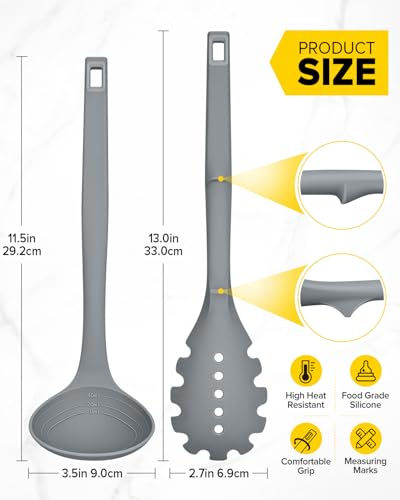 Silicone Pasta Fork and Soup Ladle Set, Heat Resistant Non Stick Kitchen Utensils with Back Hooks, Suitable for Cooking, Stirring, Serving Spaghetti, Soup, Sauce (GRAY) - color: Gray