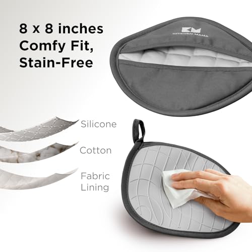 Kitchen Mama Silicone Pot Holders, Metal Gray | Heat Resistant, Non-Slip Surface, Dual Pocket Design, Soft Cotton Lining - color: Metal Gray