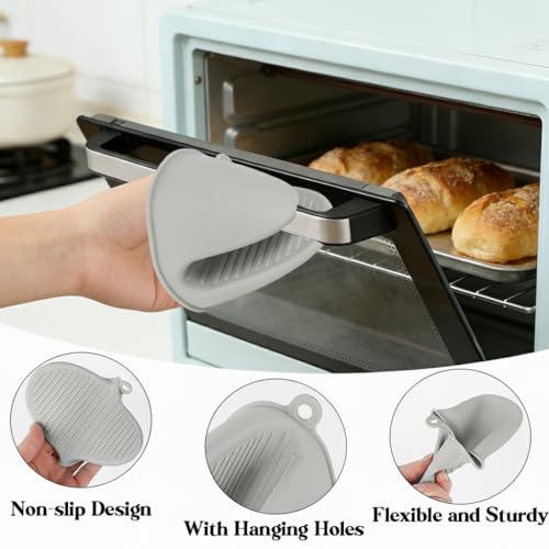 4 PCS Silicone Oven Mitts Heat Resistant Mini Oven Gloves for Kitchen Rubber Air Fryer Mitts Oven Accessories Finger Cooking Pinch Mitts Pot Holders for Kitchen Cooking Baking Dishwasher, Black & Gray - color: Black+gray