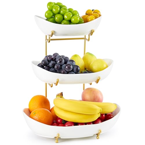 Ceramic Fruit Bowl for Kitchen Counter - 3 Tier Fruit Basket with Metal Stand, Tiered Fruit Stand for Countertop, Snack, Nuts, Cake, Dessert, Cute (Gold, Large) U3 - color: Gold, size: Large