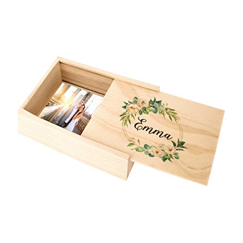 Koyal Wholesale Custom Floral Greenery Wreath Wedding Keepsake Box, 4 x 6 -inch, Custom Name, Natural Wood - color: Floral Greenery Wreath