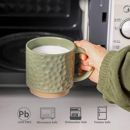 Nihow 16 Oz Ceramic Coffee Mug Set of 4 with Stackable Stand,Matte Green | Stackable, Stainless Stand Included, Cappuccino & Tea, Hot/Cold Drinks, Dishwasher & Microwave Safe - color: Matte Green, size: 16 oz With Stand