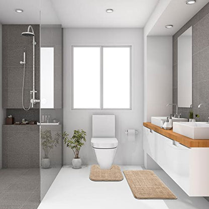 HEBE Bathroom Rug Set 2 Piece, Non Slip Washable Microfiber Bath Mat Set | Super Soft Absorbent Bathroom Mats, Fluffy Bath Rug with U-Shaped Contour Toilet Mat Set for Tub, Shower, Beige