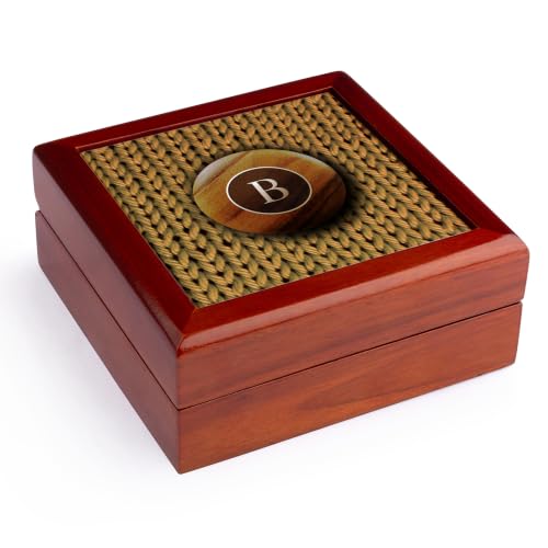 3dRose Initial Letter B- Image of Hand Knitting with Monogram Wooden Button Jewelry Box 7 x 7 inch with 4 inch tile