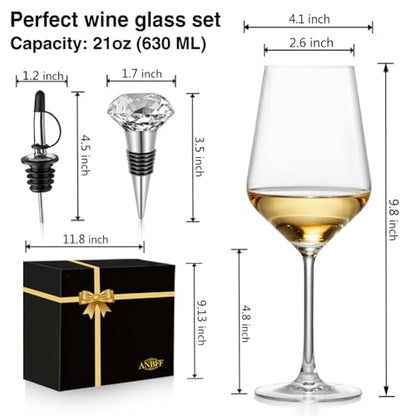 Crystal Wine Glasses Set of 2, 21oz Hand Blown Clear Glass | Long Stem Red White Wine Glass with Pourer and Stopper, Elegant Design in Gift Box for Home Bar, Birthday, Wedding - size: Large