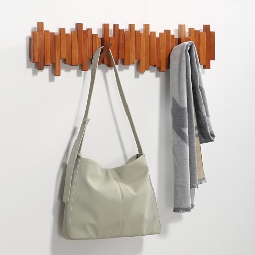 Coat Rack Wall Mount Piano Flip Down Wall Hook Rack 5 Hooks Cherry | Natural Wood Handmade Unique Hanger for Coats Bag Hat Umbrella key Wall Art In the foyer living room bedroom bathroom office - color: Cherry