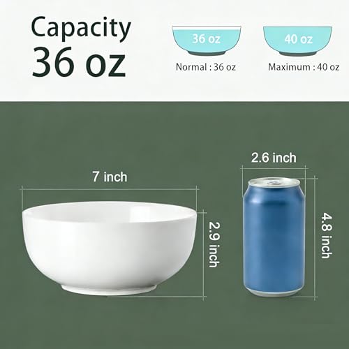 40 oz Large Soup, Ramen, Pho, Noodle, and Salad Bowl Set of 4, 7 in White Ceramic Bowls, Versatile & Microwave Safe - size: 7-inch, 40 Ounce