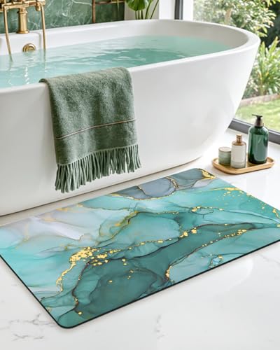 DEXI Bathroom Mat Ultra Thin, 32x20 Non Slip Bath Rug for Shower Floor, Absorbent Quick Dry Marble Bathmats Low Profile, Turquoise Green - color: Turquoise Green, size: 32" X 20" (Rectangular)