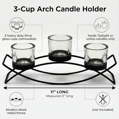 Iron Arch Table Centerpiece Decorations Long Candle Holder for Weddings, Patio, Kitchen, Dining Room, and Coffee Tables, Black, Clear Chunky 3 Cups | Votive Candle Holders, Wrought Iron 3 Cup Candelabra, Long Modern Coffee Console Decor, Black Finish, Cle