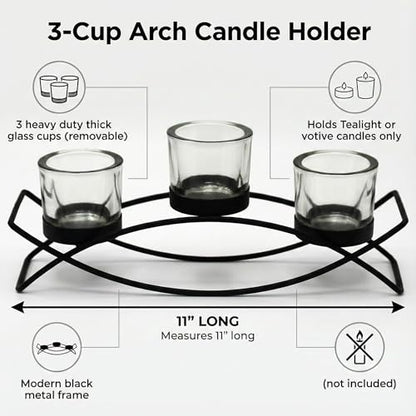 Iron Arch Table Centerpiece Decorations Long Candle Holder for Weddings, Patio, Kitchen, Dining Room, and Coffee Tables, Black, Clear Chunky 3 Cups | Votive Candle Holders, Wrought Iron 3 Cup Candelabra, Long Modern Coffee Console Decor, Black Finish, Cle