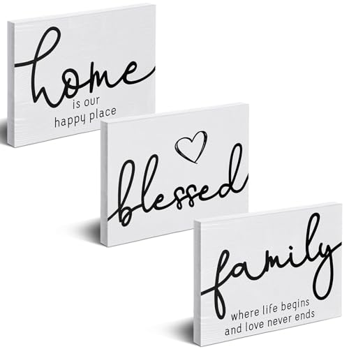 Jetec 3 Pcs Family Home Blessed Rustic Wood Sign Mini Wood Decorative Farmhouse Woodworks Table Shelves Decorations Sign for Bedroom Kitchen Living Room Table Decor(White,5 x 7 x 0.59 in) - color: White, size: 7 x 5 x 0.59 in