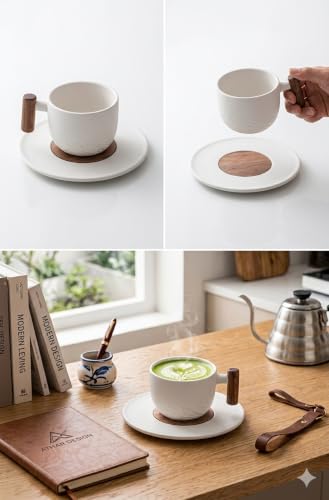 PRINCE G Japanese Style Ceramic Mug ml with Matching Saucer – Handmade Espresso, Coffee, Tea & Matcha Cup, Ideal Gift Set with Handgrip (WHITE) - color: White
