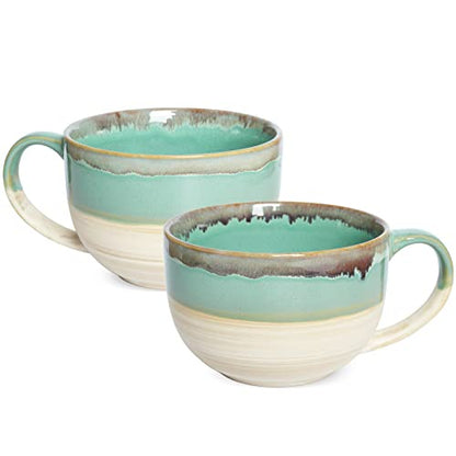 Ceramic Jumbo Coffee Mug Set of 2, 23 Oz, Large Mug Soup Bowls with Handles, Dishwasher and Microwave Safe (Green) - color: Green