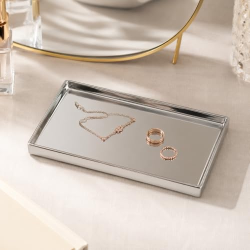 11" x 6.2" Shiny Silver Ceramic Vanity Tray, Rectangular Mirror Finish Jewelry Organizer, Elegant Trinket Dish for Makeup, Rings, Perfume and Small Bathroom Dresser Decor - size: 11" x 11" x 1"