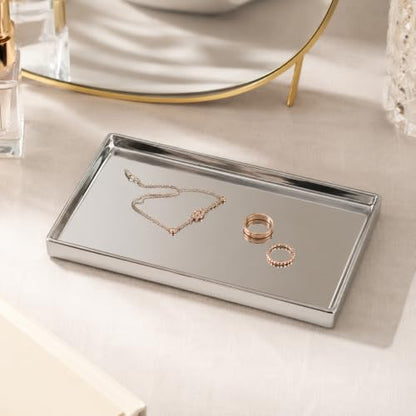 8.6" x 4.7" Shiny Silver Ceramic Vanity Tray, Rectangular Mirror Finish Jewelry Organizer, Elegant Trinket Dish for Makeup, Rings, Perfume and Small Bathroom Dresser Decor - size: 8.6" x 4.7" x 1"