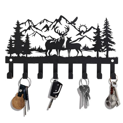Deer Metal Key Holder for Wall, 14.5" X 8.9", Key Hooks for Wall Organizer, Key Rack, Forest Theme Coat Hat Towel Hooks, Ideal for Living Roo - size: Medium, style: Deer