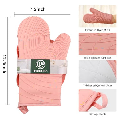 4 Pieces Oven Mitts of Macaron Color Thickened Non-Slip Silicone Kitchen Gloves, Heat Resistant up to 750F, Essential for Kitchen Baking (Pink) - color: Silicone-pink