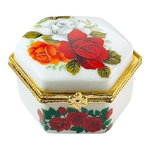 Tiny Hexagon Porcelain Trinket Box | Rose Bouquet | French Style Gift Box with Velvet Bag - style: Rose Bouquet Hexagon