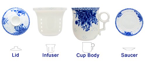 Porcelain Tea Cup with Infuser Lid and Saucer Sets - Chinese Jingdezhen Ceramics Coffee Mug Teacup Loose Leaf Tea Brewing System for Home Office - color: Exquisite Rose Blue and White