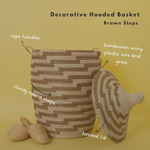 Decorative African Hooded Basket with Lid and Handles, 15" Wide, 19" Tall (Brown White) - color: Brown White