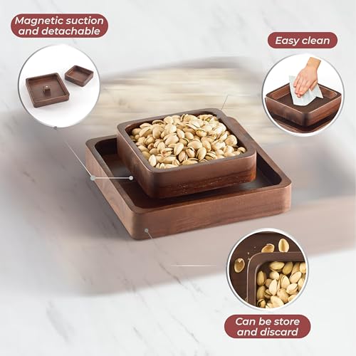 FANATU Wood Pistachio Snack Bowl with Shell Storage, Double Dish (Walnut) | Magnetic Removable Lid Creates A Convenient Nut Serving Tray For Quick Refills, Cleanup, Movie Nights And Parties - color: Walnut