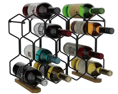 Buruis Countertop Wine Rack, 14-Bottle Wine Holder with Wood Base, Black | Stable Acacia Wood Base, Red & White Bottle Organizer, Kitchen Bar Decor, Space-Saving Countertop Display, Modern Home Style - color: Black, size: Acacia Base