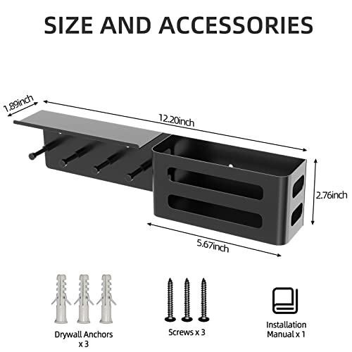MKO Key Holder Wall Mount, Adhesive Key Hanger with 4 Hooks for Wall, Black | Metal Material, Key Rack with Shelf, Wall Mount, Mail Organizer Tray, Suitable for Entryway, Hallway, Living Room - color: Black with Shelf