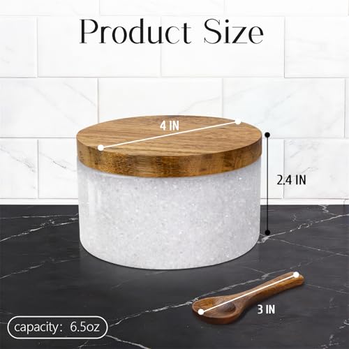 Marble Salt Cellar with Lid & Spoon, Salt Container, Salt Holder | Acacia Wood Lid, Wide Base with Non-Skid Feet, Moisture Proof Spice Cellars Keeps Salt, Pepper & Spices Dry, 6 oz (White) - color: White