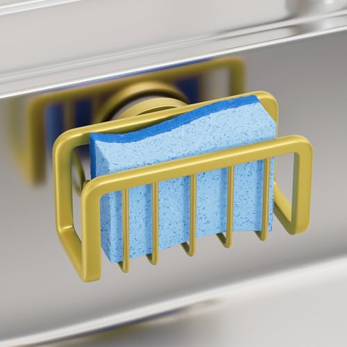 TAILI Sink Caddy with Strong Suction Cup, Sponge Holder for Kitchen-Gold | Sponge Caddy for Kitchen Sink Oganizer, Removable Rustproof Aluminum Sponge Holder for Dish Brush, Scraper, Scrubber - color: Gold, size: 5.1" x 2.3"