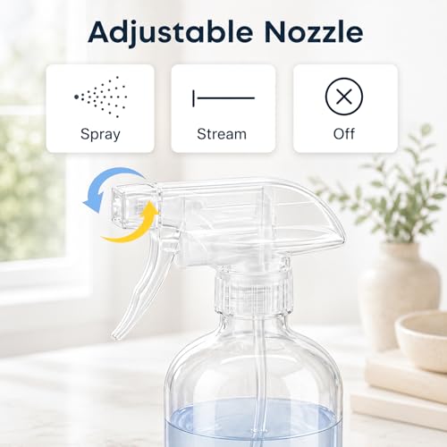 360° Glass Spray Bottles 16 oz for Hair Cleaning with Silicone Sleeve | 2 Pack Amber Refillable Containers with Adjustable Spray Nozzles, Empty Spray Bottles for Plant, Clear