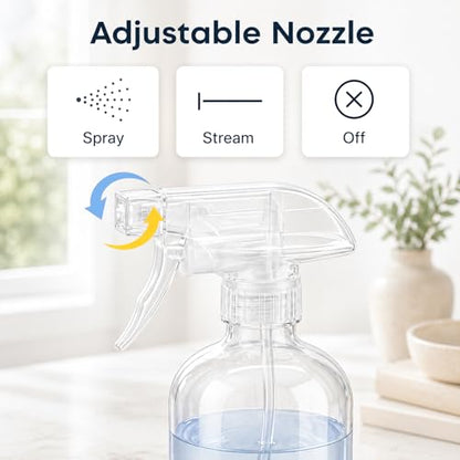 360° Glass Spray Bottles 16 oz for Hair Cleaning with Silicone Sleeve | 2 Pack Amber Refillable Containers with Adjustable Spray Nozzles, Empty Spray Bottles for Plant, Clear