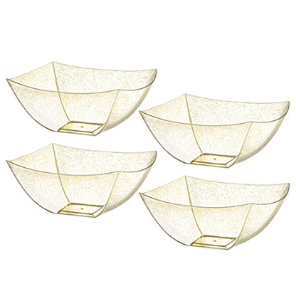 4 Pack Disposable Gold Plastic Serving Bowls Square Party Candy Use 16oz | Square Design. Disposable Party Tableware. Salad, Fruit & Candy Use. Candy Buffet Containers. Gold Plastic. - color: GOLD GLITTER, size: 16 OUNCE