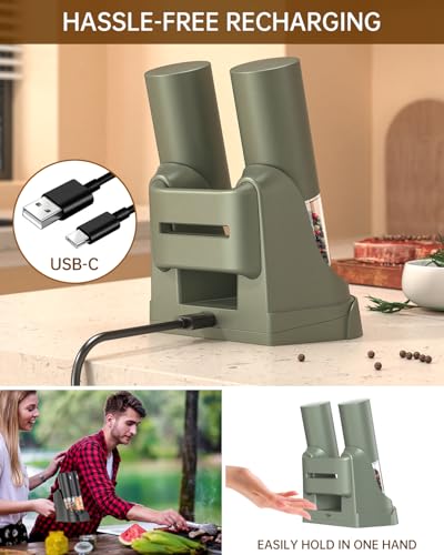 CIRCLE JOY Electric Salt and Pepper Grinder Set Automatic Salt and Pepper Grinder Set with Easy-to-Carry Charging Base and LED Light, USB Rechargeable, Upgrade External Adjustable Coarseness, Green - color: Green