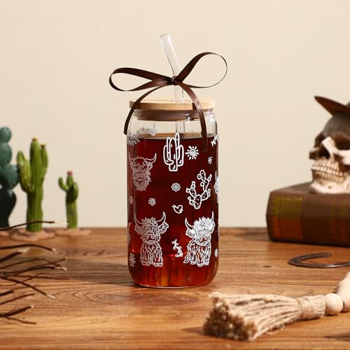 Highland Cow Gifts for Women, Glass Cups with Lid and Straw | Cute Cow Print Iced Coffee Tumbler for Cow Lovers Thanksgiving Christmas Birthday Mothers Day for Friend Teens Stuff 16oz - style: Highland Cow