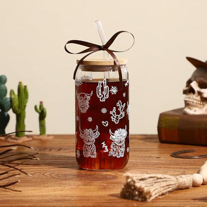 Highland Cow Gifts for Women, Glass Cups with Lid and Straw | Cute Cow Print Iced Coffee Tumbler for Cow Lovers Thanksgiving Christmas Birthday Mothers Day for Friend Teens Stuff 16oz - style: Highland Cow