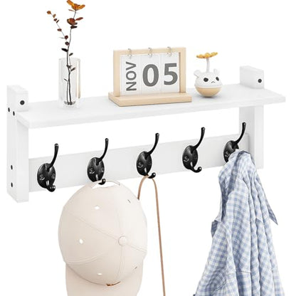 Wall Shelf with Hooks, Coat Rack Wall Mount with Pegs, Hanging Entryway Coat Hanger, Wood and Iron Shelf for Bathroom, Hallway, Bedroom, White - color: White, size: 17.1 Inch Long