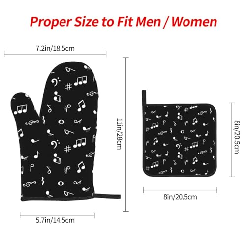 Music Notes Oven Mitts and Pot Holders Sets of 3 Black Hot Pads Musicial Oven Gloves Heat Resistant Non Slip Washable for Kitchen Cooking Grilling Baking - color: Music Notes