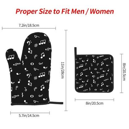 Music Notes Oven Mitts and Pot Holders Sets of 3 Black Hot Pads Musicial Oven Gloves Heat Resistant Non Slip Washable for Kitchen Cooking Grilling Baking - color: Music Notes